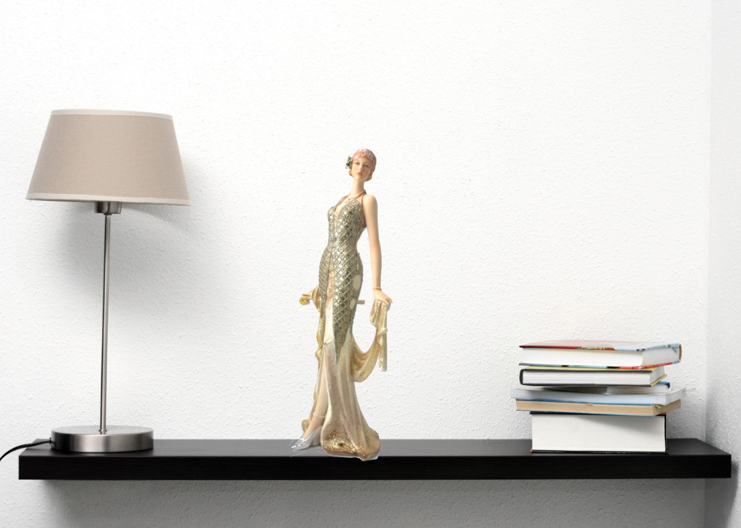 Art Nouveau Gorgeous Woman in Gold Dress Holding Shawl Sculpture Figurine Decor