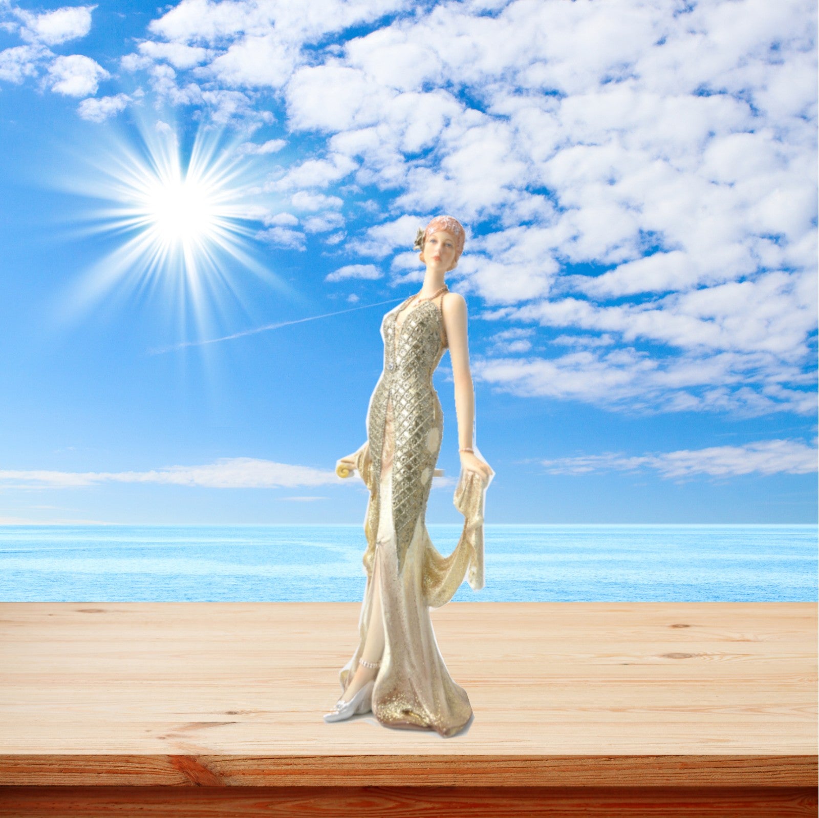 Art Nouveau Gorgeous Woman in Gold Dress Holding Shawl Sculpture Figurine Decor