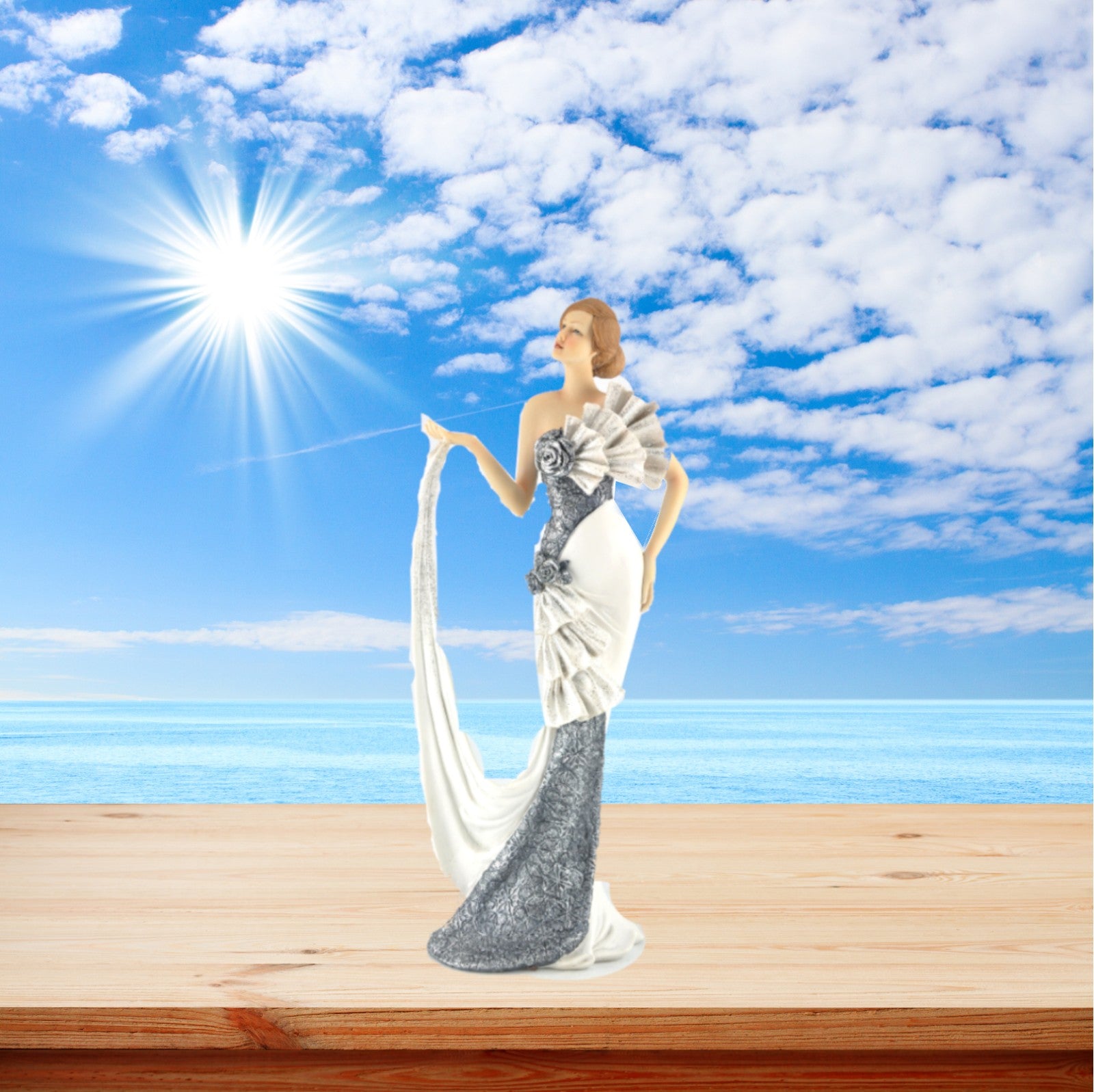 European Made Sculpture Gorgeous Woman in Bridal White Dress Detailed