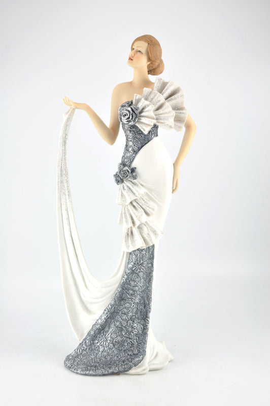 European Made Sculpture Gorgeous Woman in Bridal White Dress Detailed