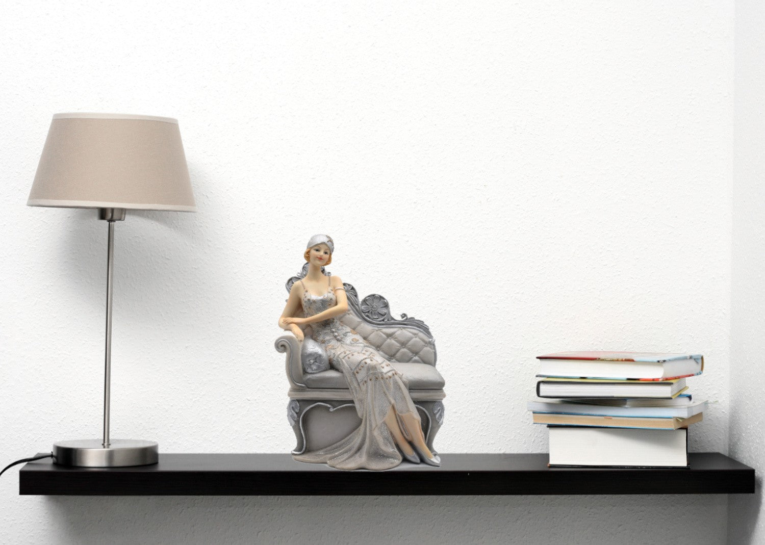 Cold Cast White and Silver Lady on Sofa Armrest Sculpture Statue Home Decor