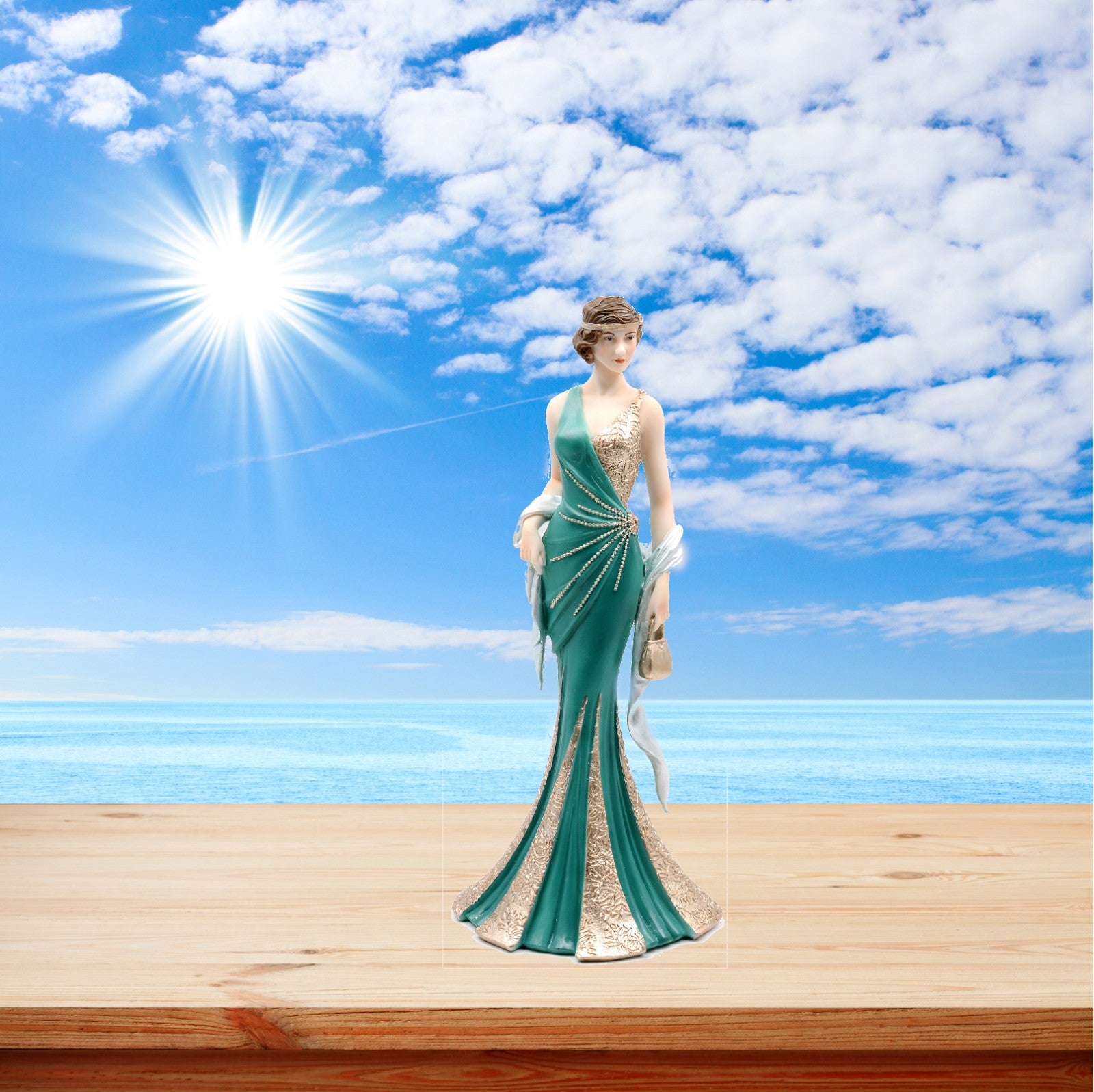 Art Deco Nouveau Gorgeous Woman with Green Dress Sculpture Statue Figurine