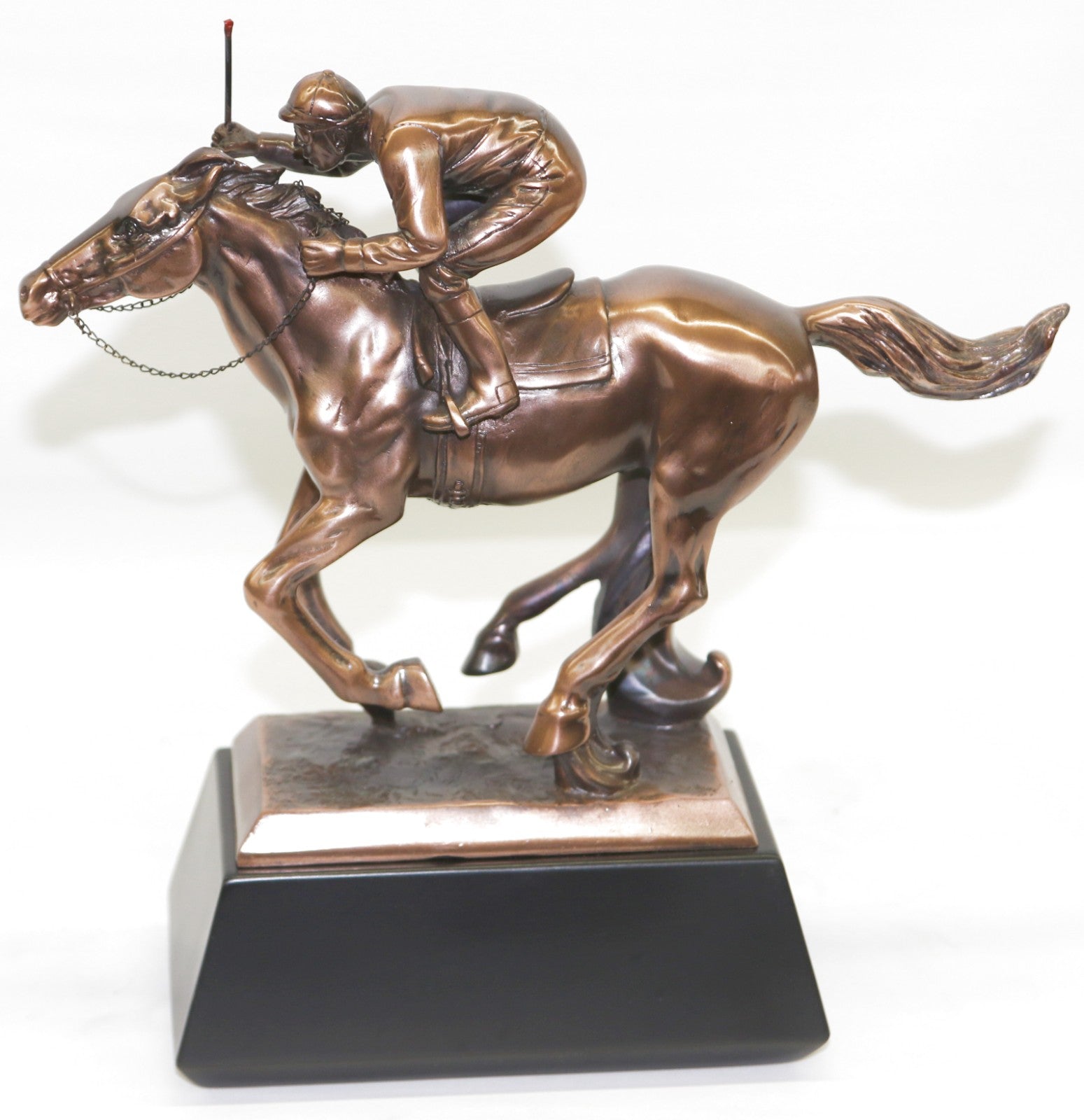 Flat Horse Racing Sculpture With Jockey Made From Resin With Bronze Finish NEW