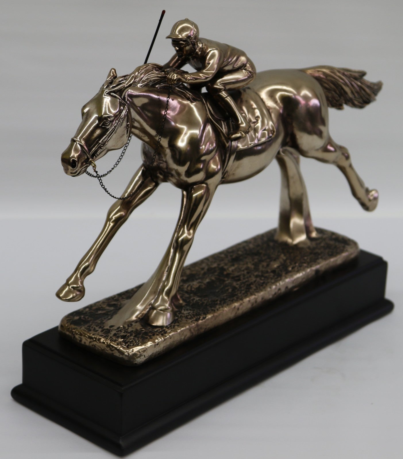 Flat Horse Racing Sculpture With Jockey Made From Resin With Bronze Finish NEW
