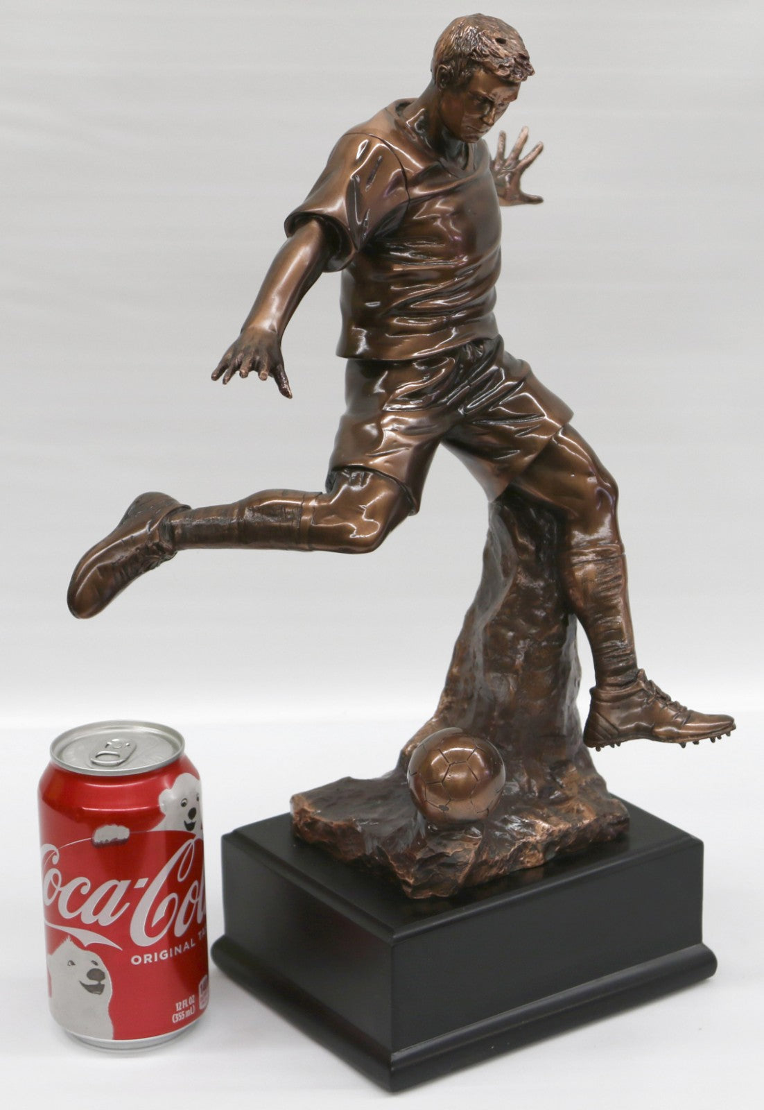 Hand Made Bronze Look Sculpture Football Soccer player Trophy Statue on Base