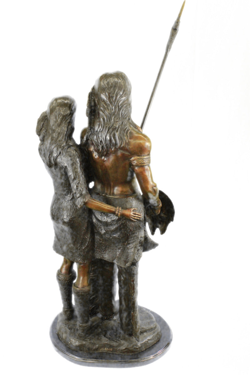 100% Solid Bronze Indian Male and Female Warrior with Spear Bronze Sculpture