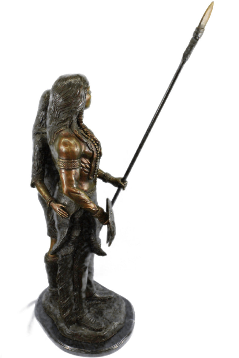 100% Solid Bronze Indian Male and Female Warrior with Spear Bronze Sculpture
