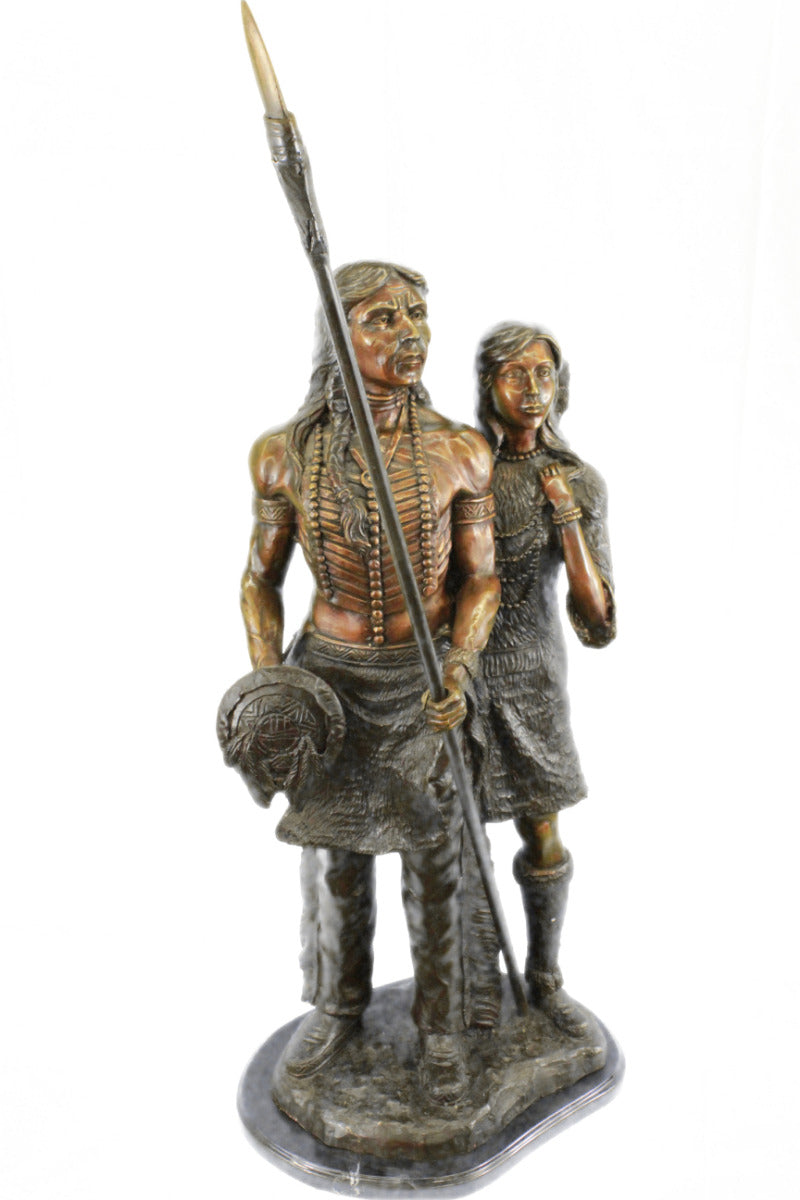 100% Solid Bronze Indian Male and Female Warrior with Spear Bronze Sculpture