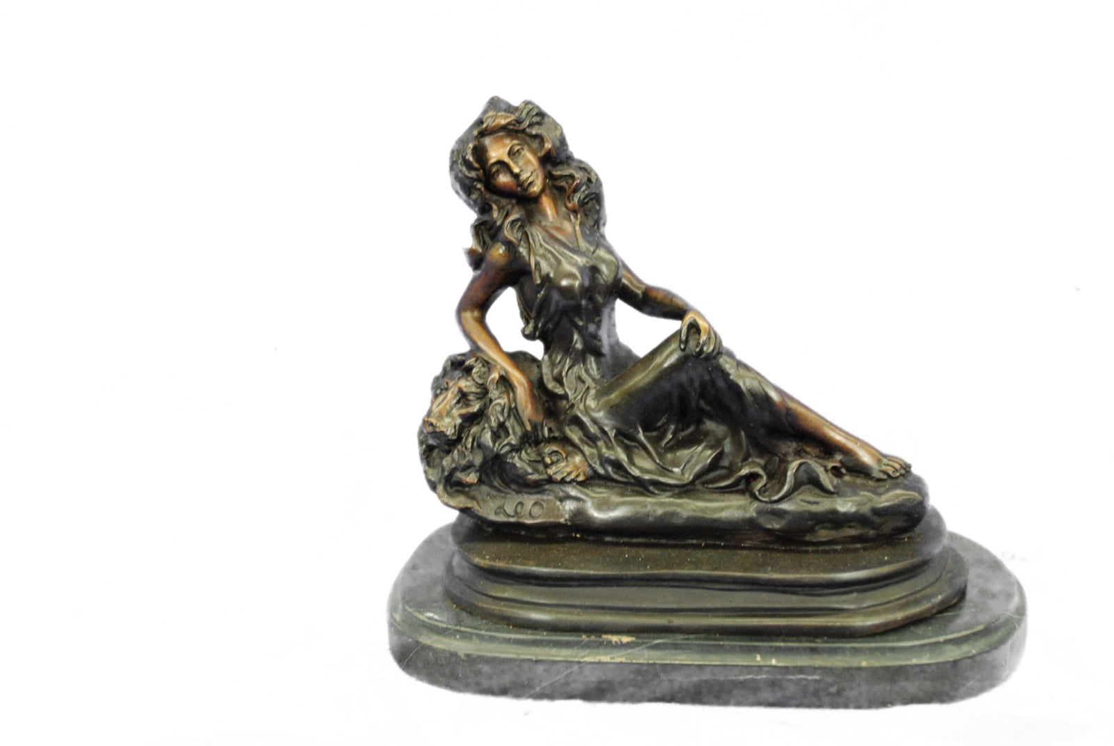 SIGNED LCART ZODIAC SIGN LEO LADY BRONZE SCULPTURE ART NOUVEAU MARBLE FIGURINE