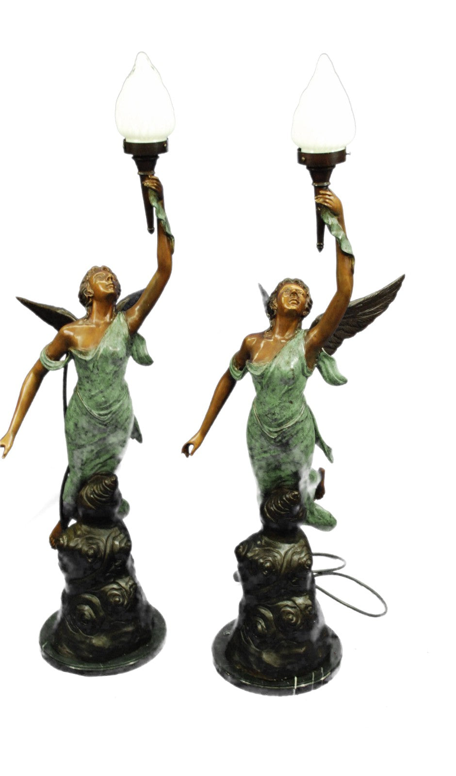 Bronze Art Deco Semi-Nude Angel Statue atop Marble Steps Night Light Lamp Pair 2