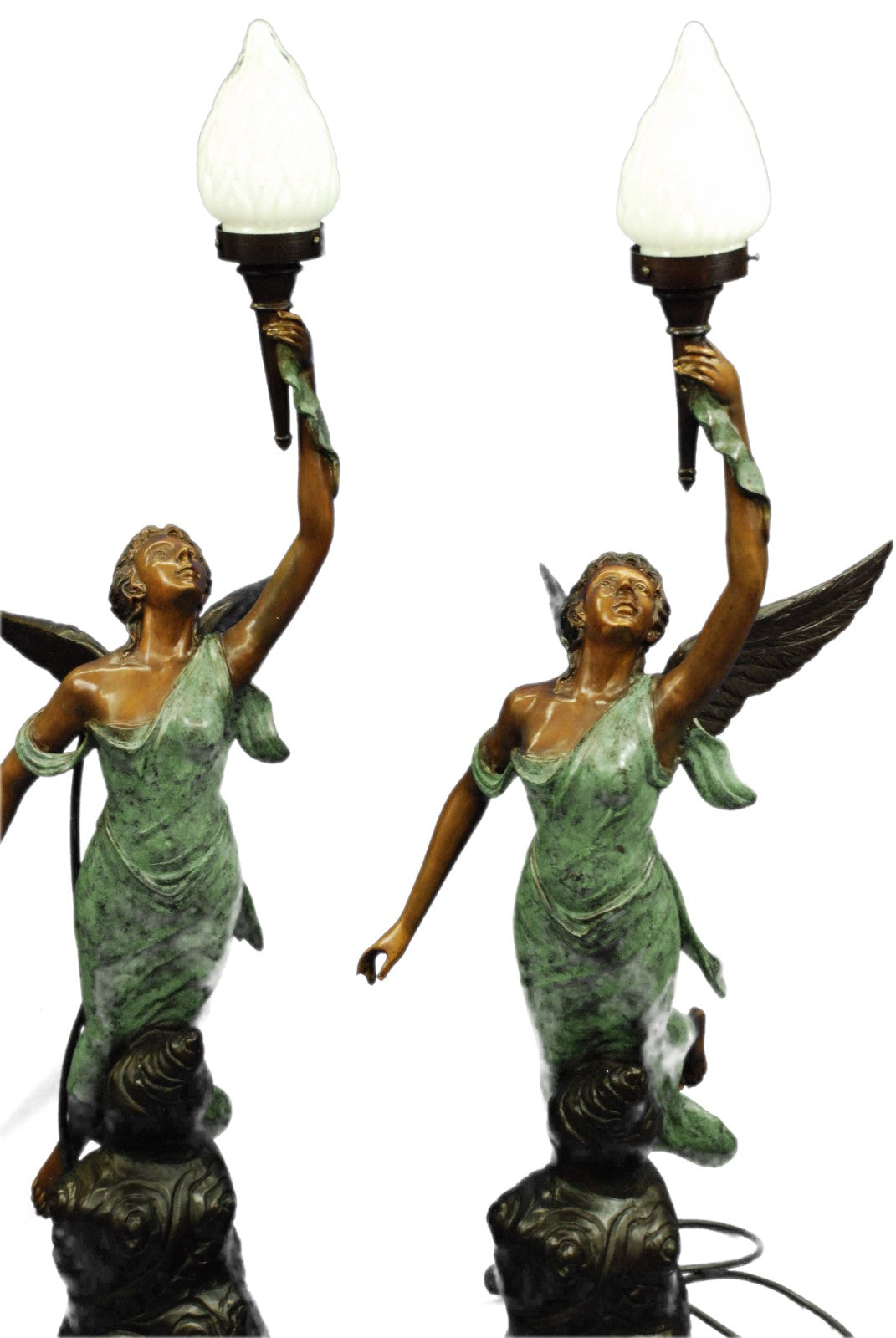 Bronze Art Deco Semi-Nude Angel Statue atop Marble Steps Night Light Lamp Pair 2