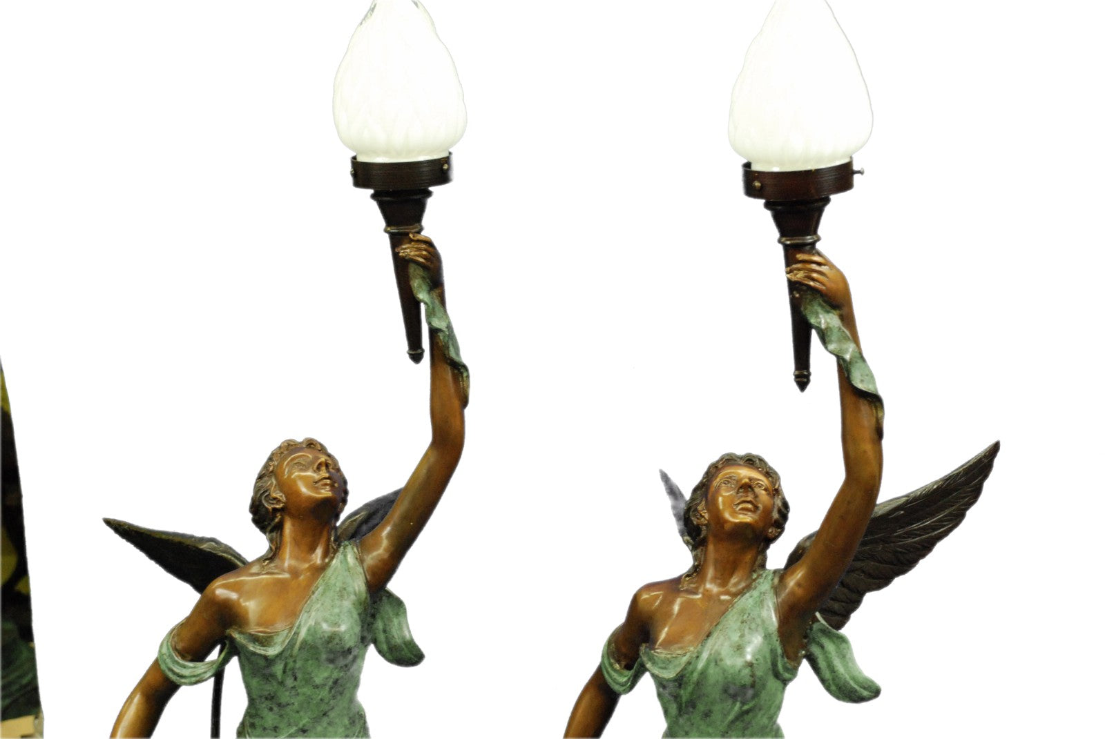 Bronze Art Deco Semi-Nude Angel Statue atop Marble Steps Night Light Lamp Pair 2