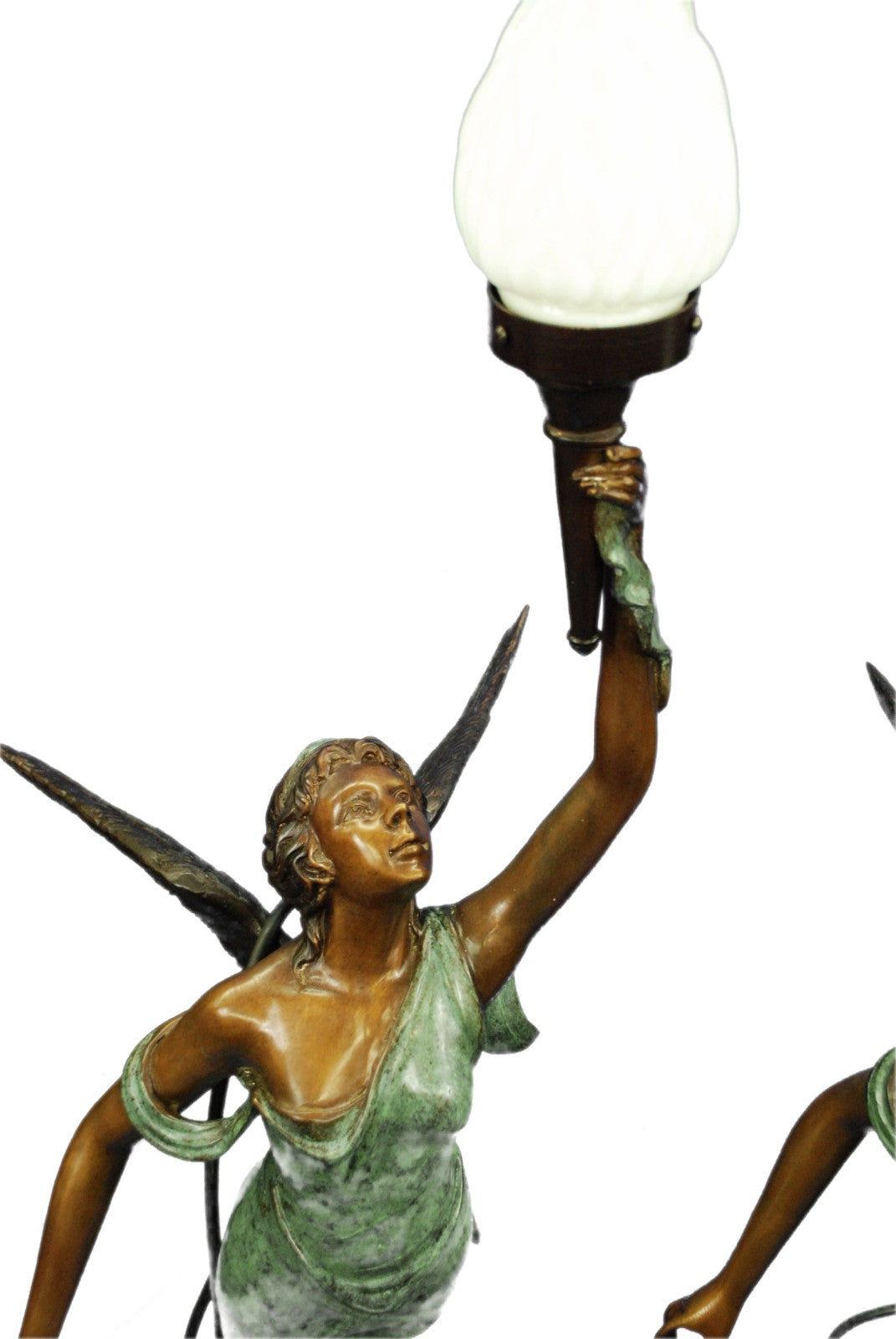 Bronze Art Deco Semi-Nude Angel Statue atop Marble Steps Night Light Lamp Pair 2