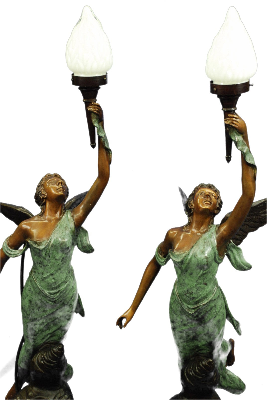 Bronze Art Deco Semi-Nude Angel Statue atop Marble Steps Night Light Lamp Pair 2