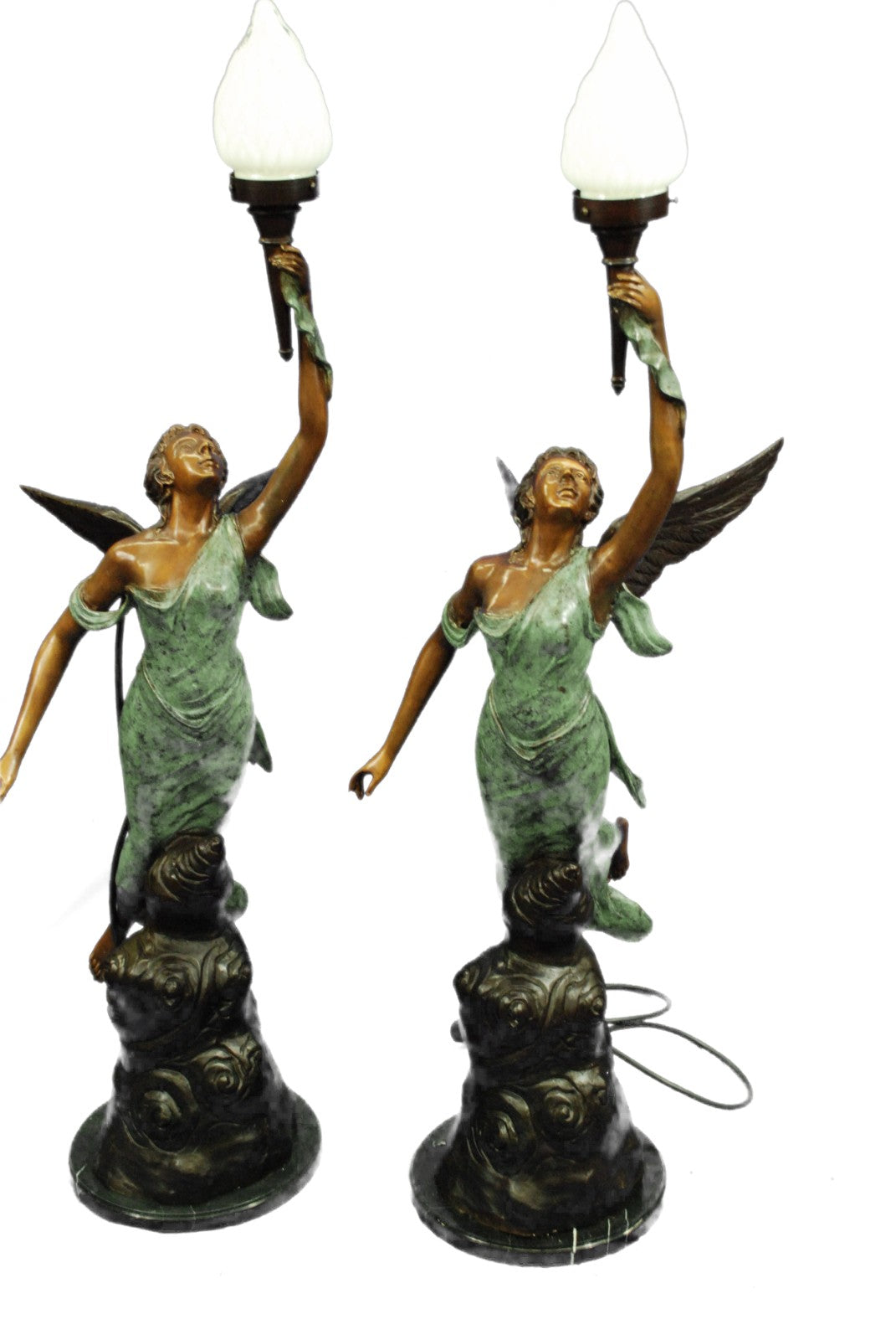 Bronze Art Deco Semi-Nude Angel Statue atop Marble Steps Night Light Lamp Pair 2