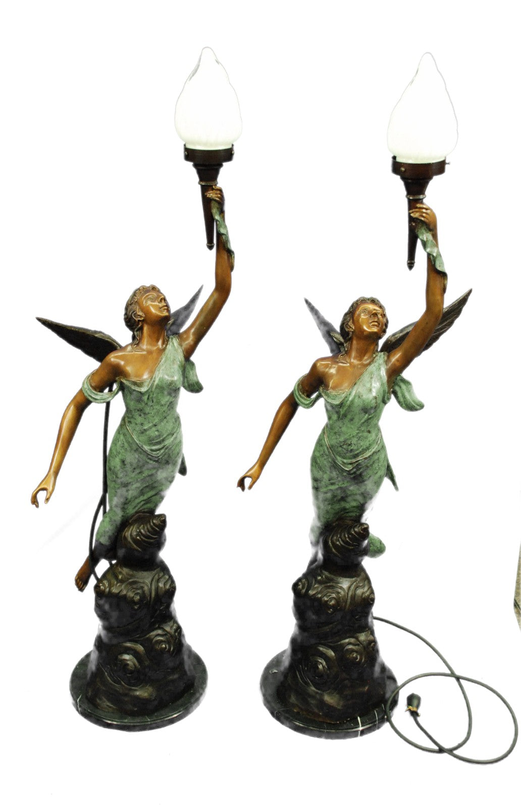 Bronze Art Deco Semi-Nude Angel Statue atop Marble Steps Night Light Lamp Pair 2