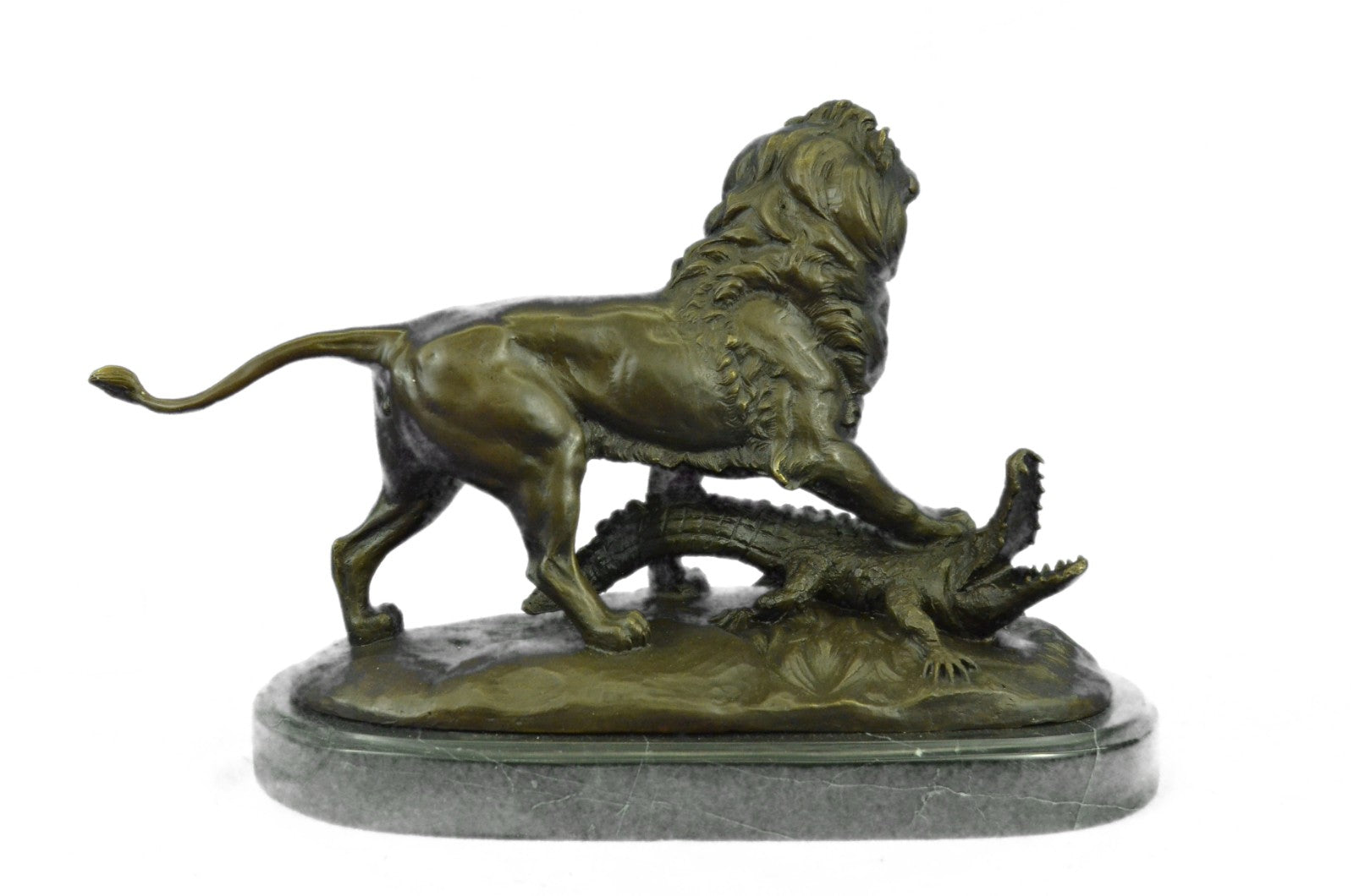 Bronze Sculpture Hand Made Hot Cast Detailed Lion Vs Reptile Marble Figure