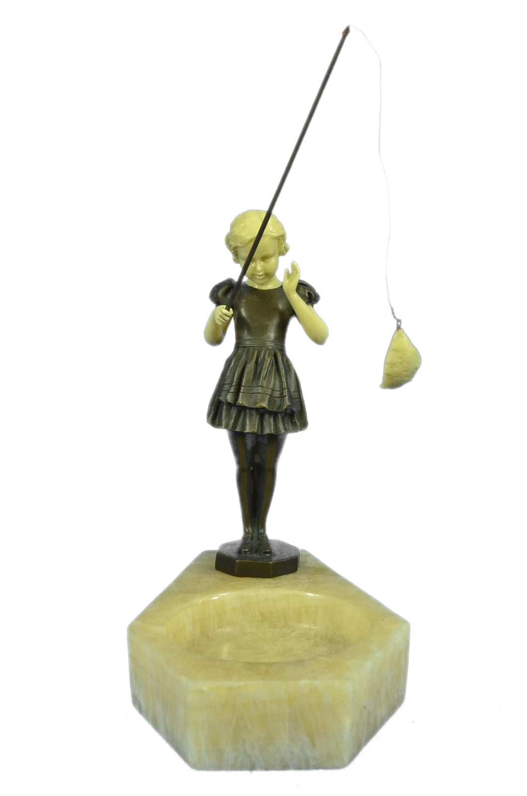 Bronze Marble Figural Ashtray Art Deco Nouveau Naughty Girl Fishing Figurine