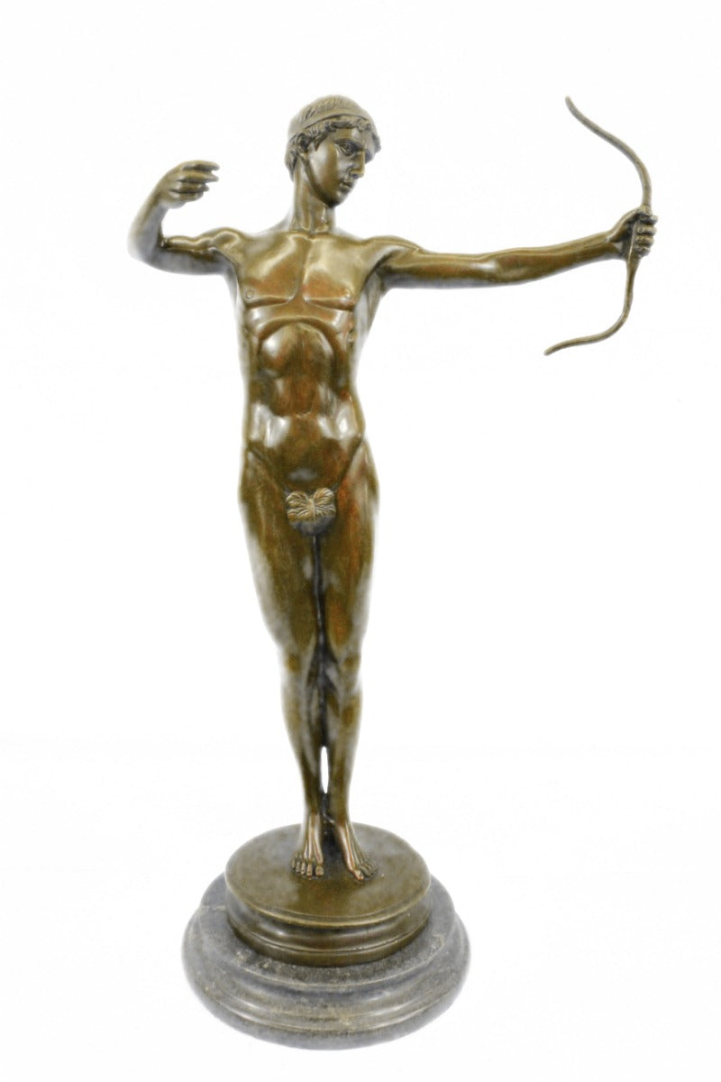 Erotic Male Nude Apollo Archer Bow Arrow Bronze Marble Statue Music Figurine