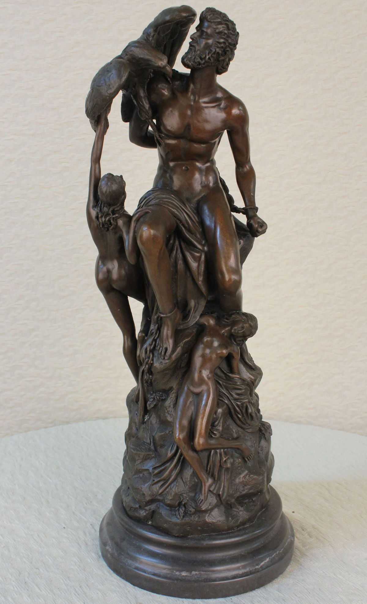SIGNED BRONZE DETAILED SCULPTURE MYTHOLOGY PROMETHEUS STATUE ON MARBLE BASE SALE
