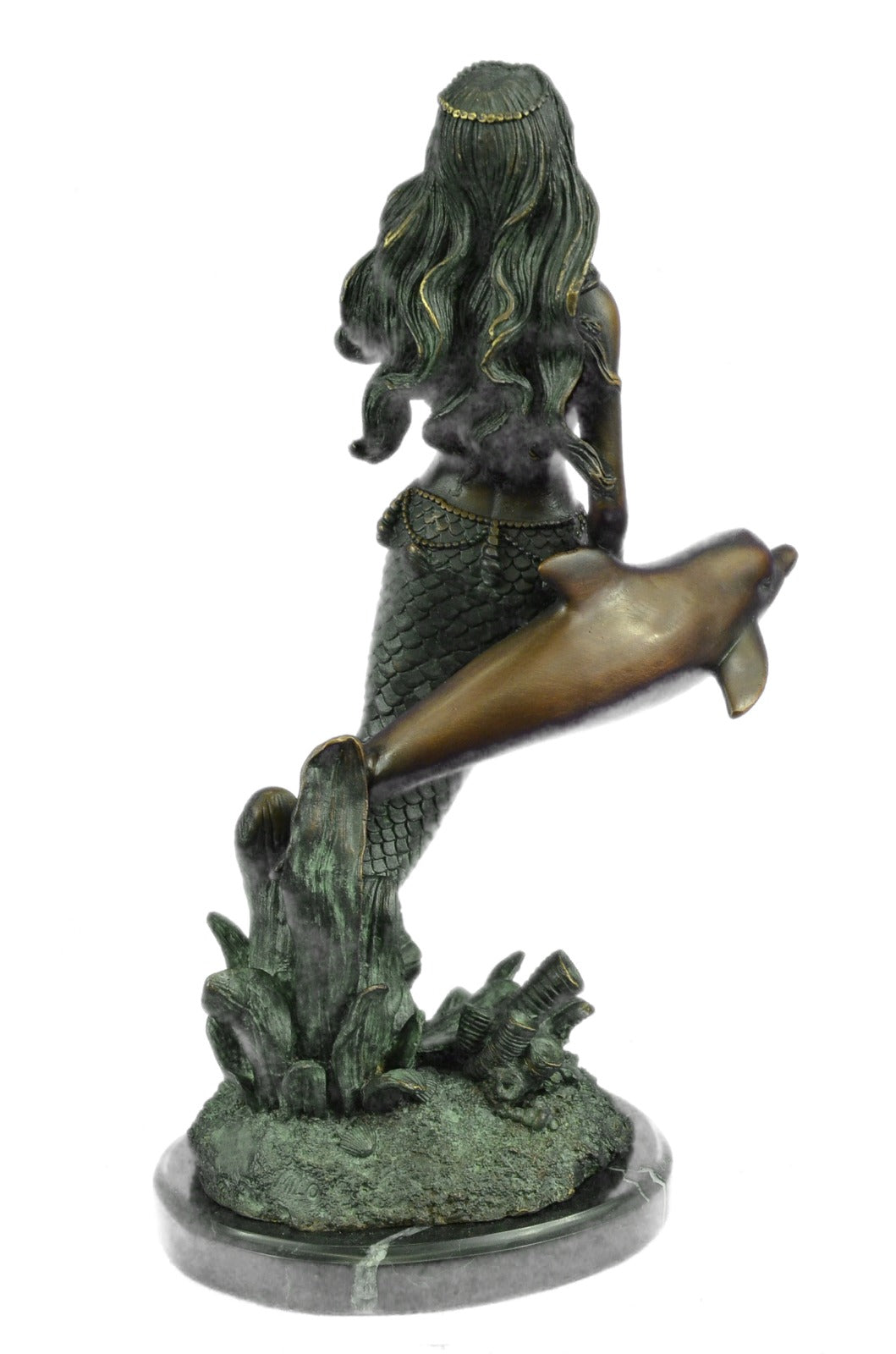 Art Deco Mythical Sculpture Ocean Water Sea Dolphin and Mermaid Bronze Figure NR