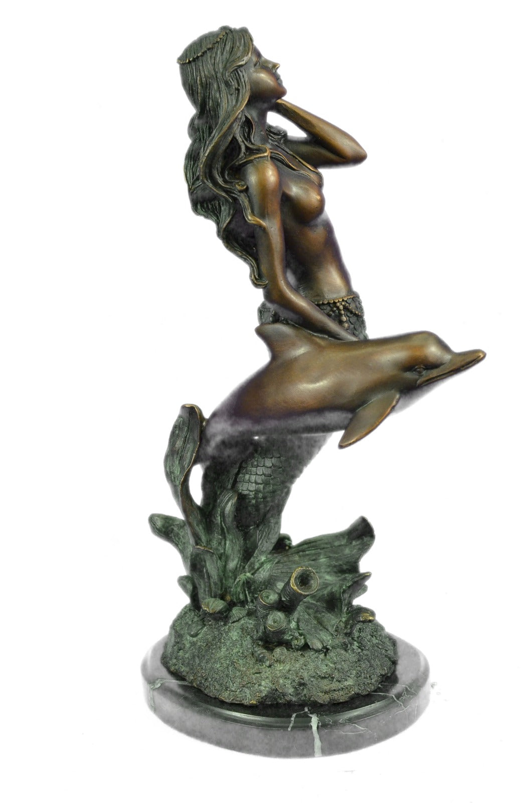 Art Deco Mythical Sculpture Ocean Water Sea Dolphin and Mermaid Bronze Figure NR