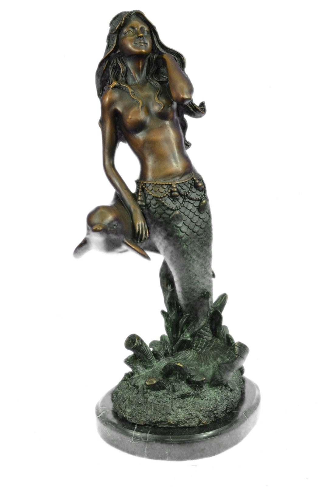 Art Deco Mythical Sculpture Ocean Water Sea Dolphin and Mermaid Bronze Figure NR