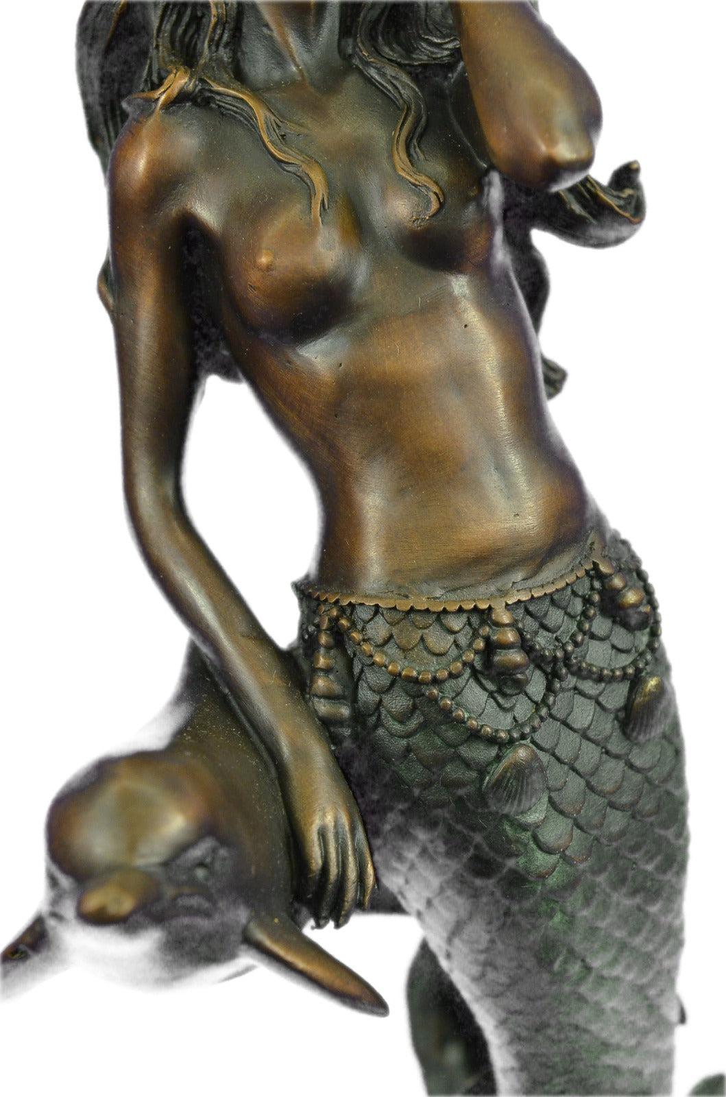 Art Deco Mythical Sculpture Ocean Water Sea Dolphin and Mermaid Bronze Figure NR