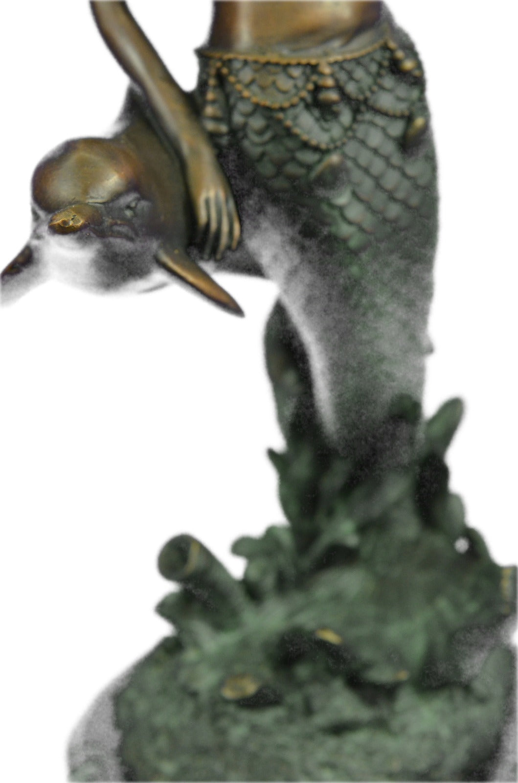 Art Deco Mythical Sculpture Ocean Water Sea Dolphin and Mermaid Bronze Figure NR