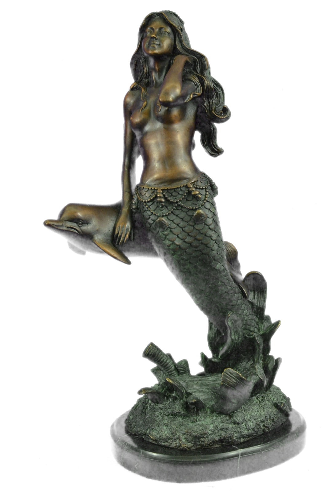Art Deco Mythical Sculpture Ocean Water Sea Dolphin and Mermaid Bronze Figure NR