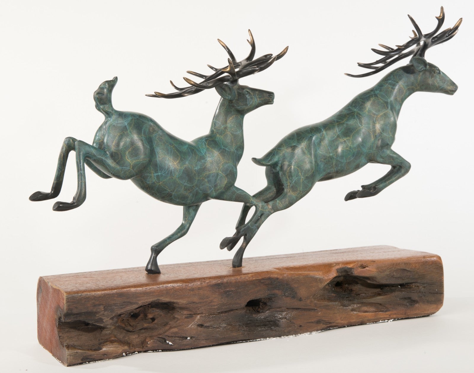 AWESOME BRONZE RUNNING ELKS SCULPTURE HOT CAST COLLECTOR Wood BASE FIGURINE SALE GIFT