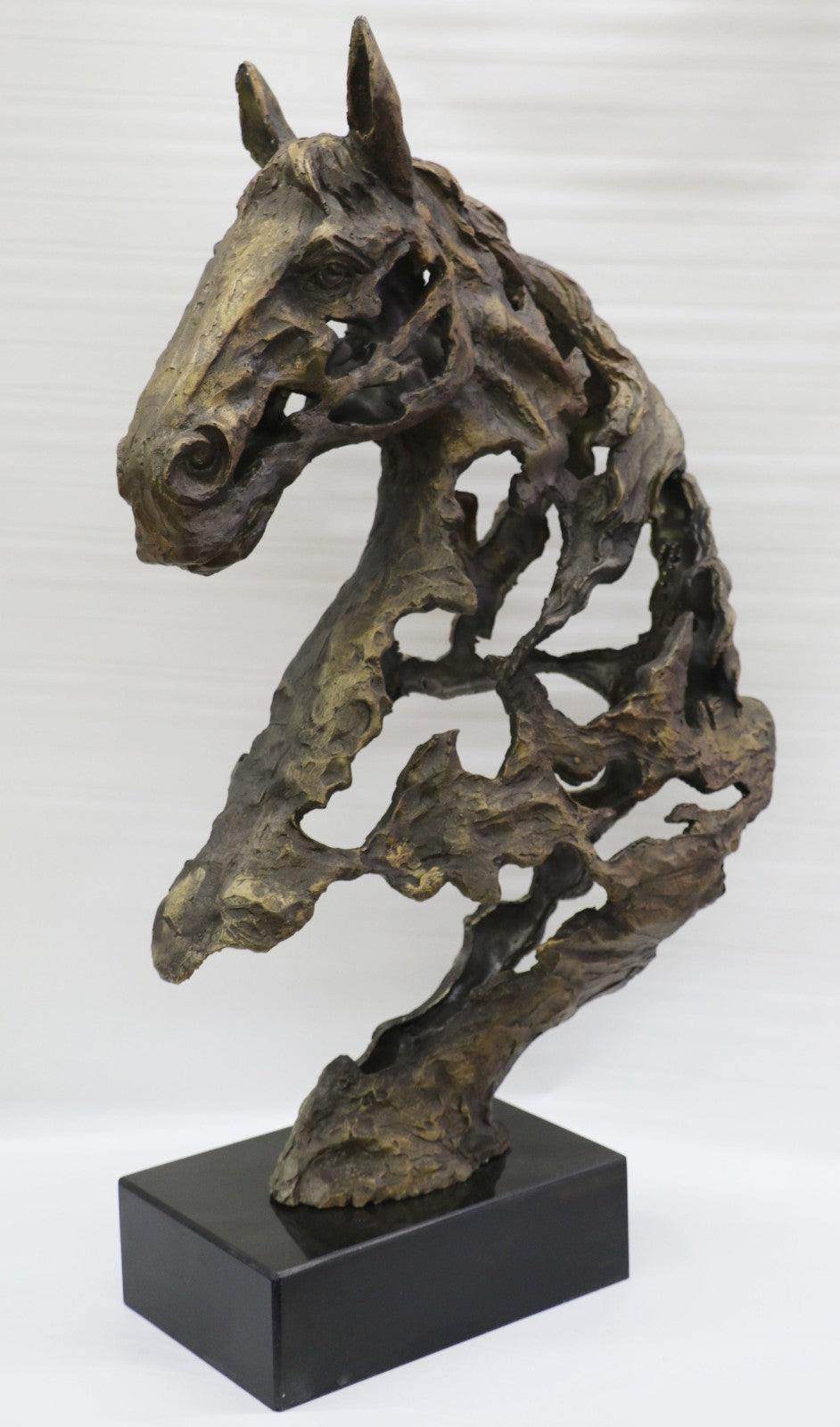 Real Bronze Metal Statue on Marble Bust Horse Head Equestrian Western Sculpture
