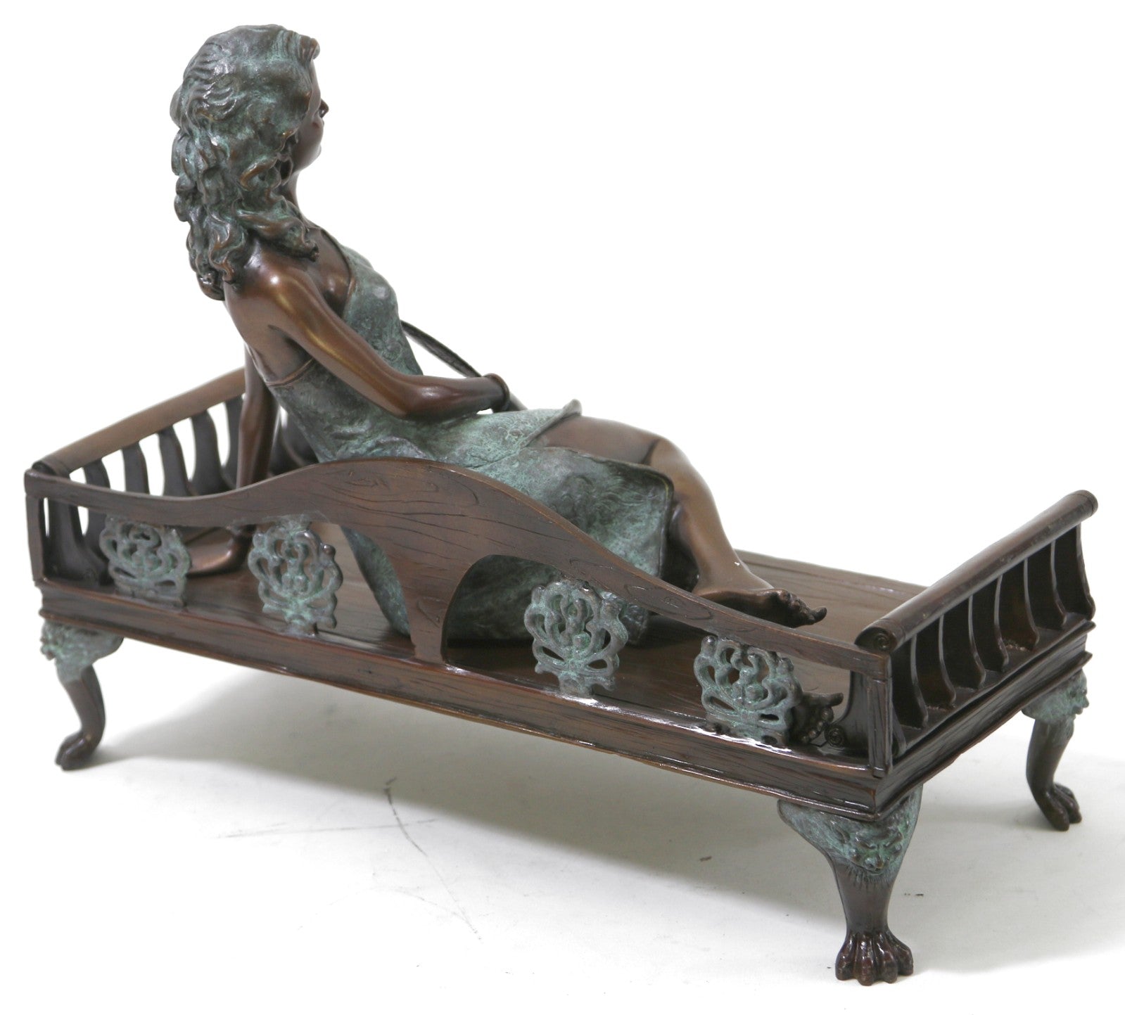 Nude Lying Woman Bronze Sculpture – Real Western Female Statue with Marble Base