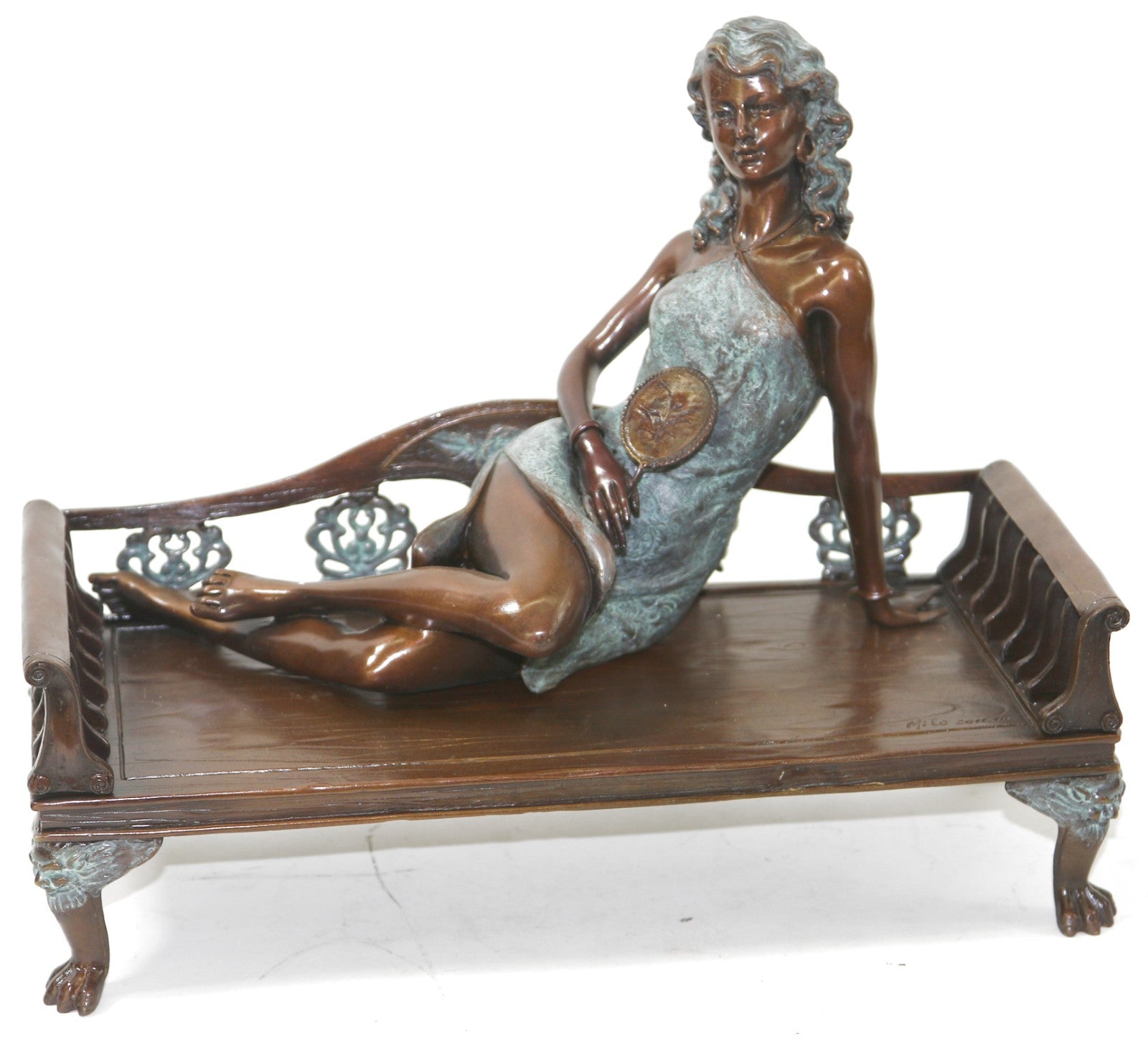Nude Lying Woman Bronze Sculpture – Real Western Female Statue with Marble Base
