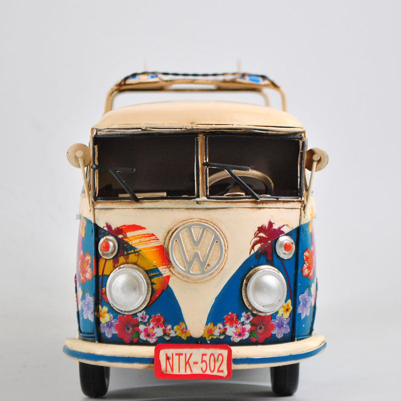 Retro Metal Volkswagen VW Camper Bus Car Blue and white Surf Boards Beach