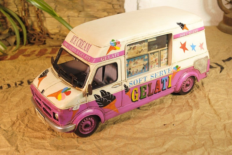 Handmade metal car model Icecream Truck Pink Antique Ice Cream Artwork Music Box