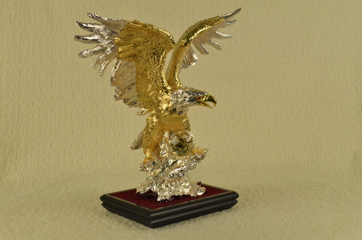Played Falcon Eagle With Crystal Bronze Sculpture 24k Gold Figurine Figure Art T