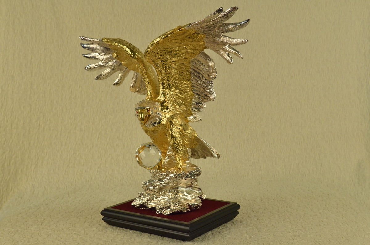 Played Falcon Eagle With Crystal Bronze Sculpture 24k Gold Figurine Figure Art T