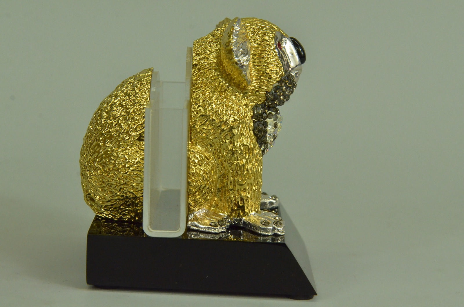 Hot Cast Small Bear Business Card Holder 24K Gold Bronze with Ruby Statue Decor