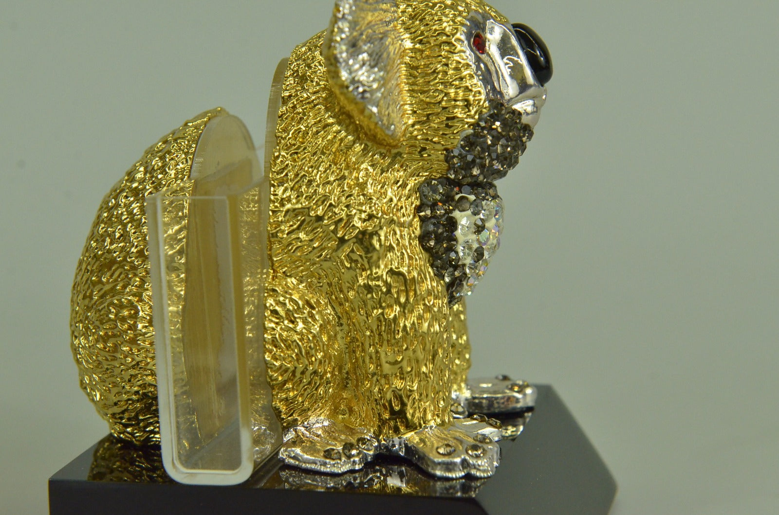 Hot Cast Small Bear Business Card Holder 24K Gold Bronze with Ruby Statue Decor