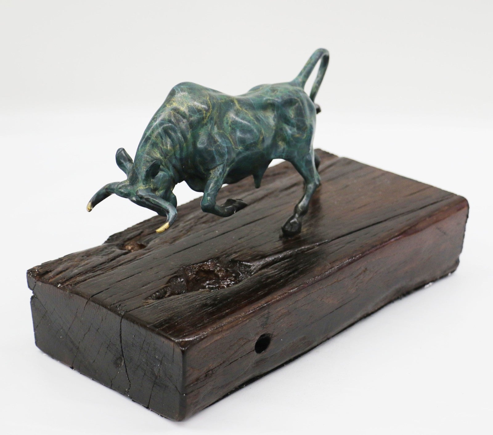 Museum Quality Classic Artwork Green Patina Stock Market Bull on Wood Base Bronze