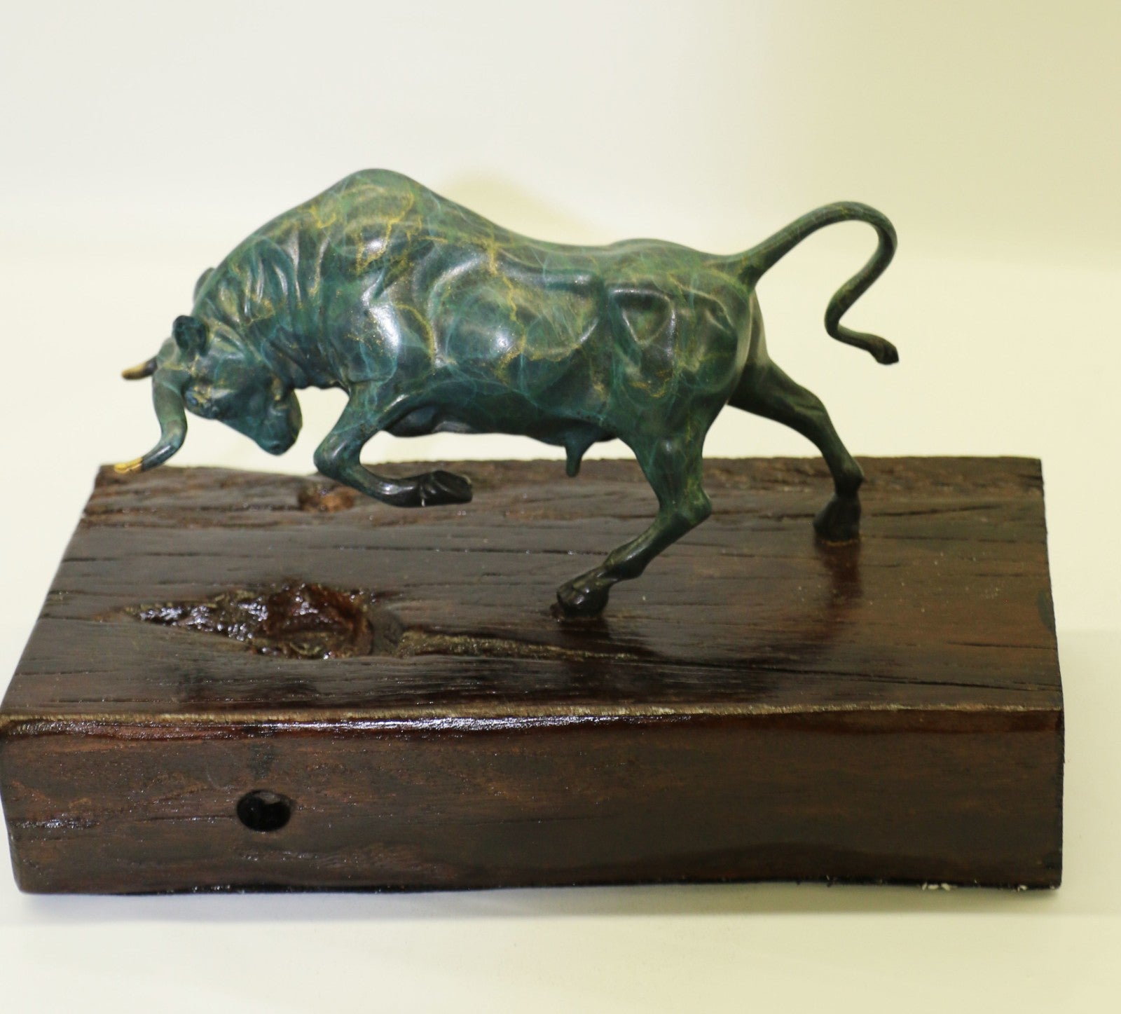 Museum Quality Classic Artwork Green Patina Stock Market Bull on Wood Base Bronze
