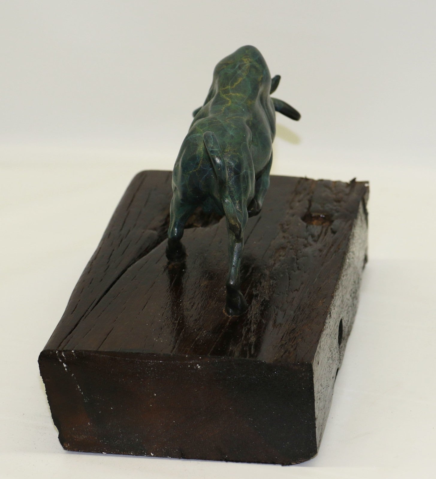 Museum Quality Classic Artwork Green Patina Stock Market Bull on Wood Base Bronze