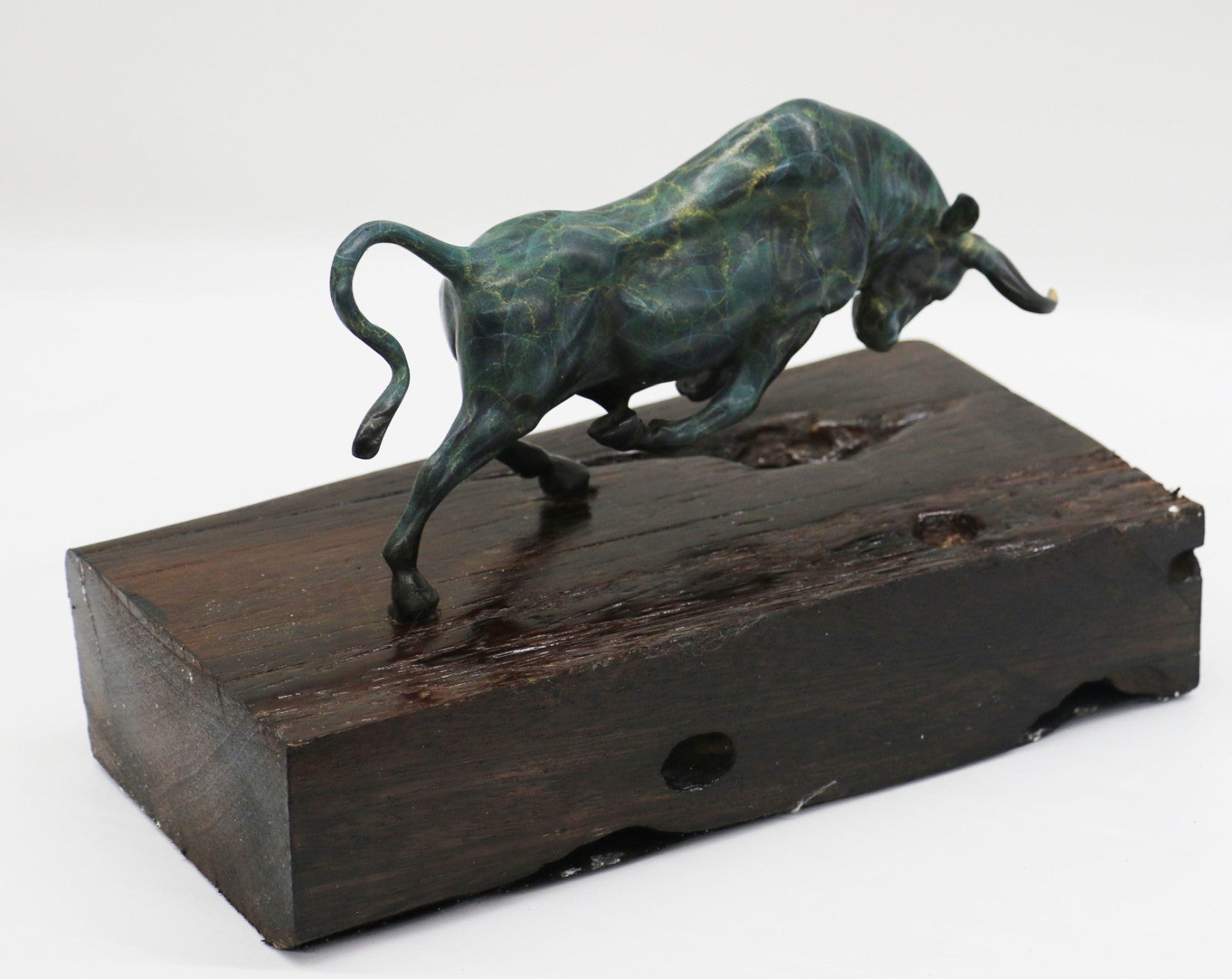 Museum Quality Classic Artwork Green Patina Stock Market Bull on Wood Base Bronze
