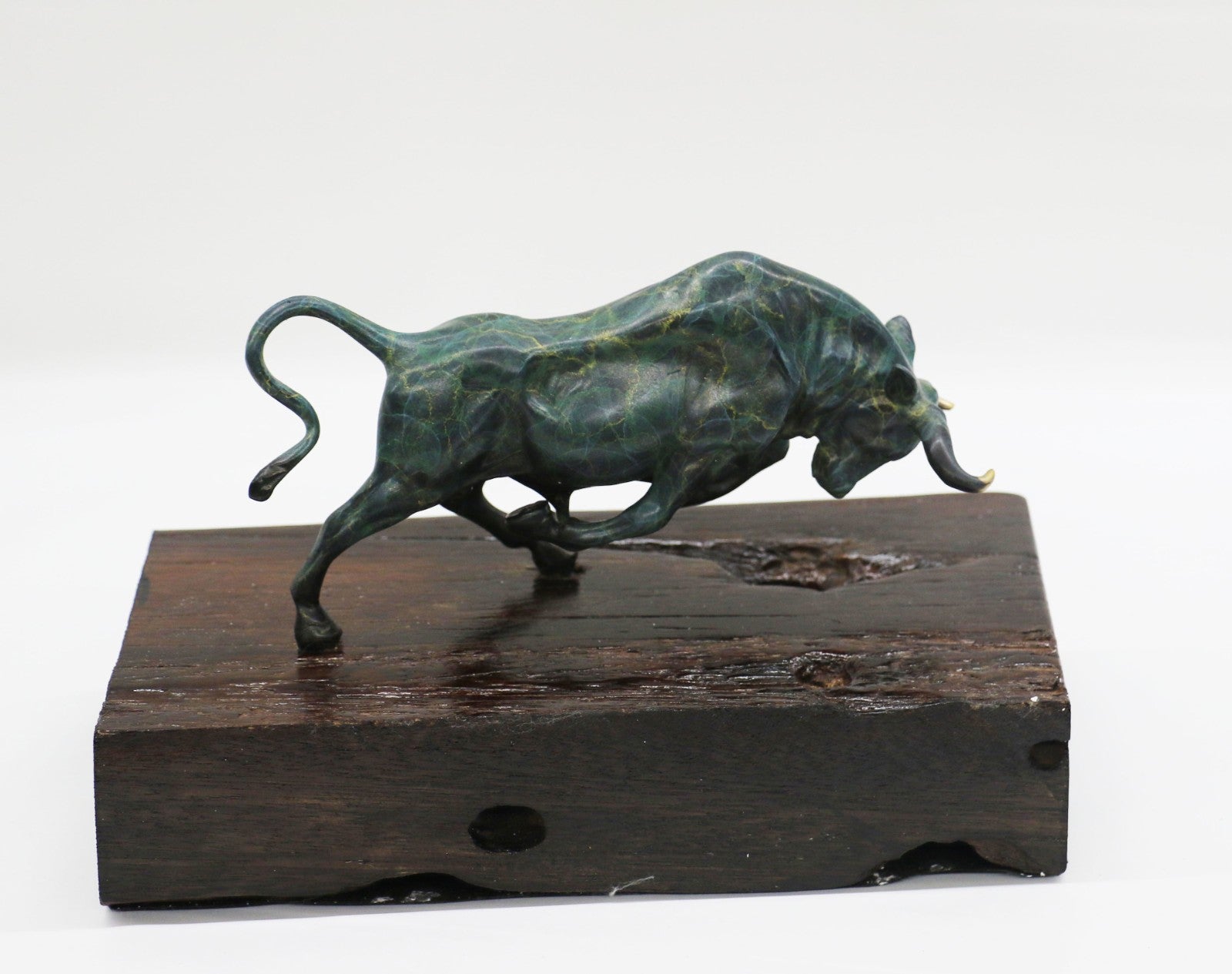 Museum Quality Classic Artwork Green Patina Stock Market Bull on Wood Base Bronze