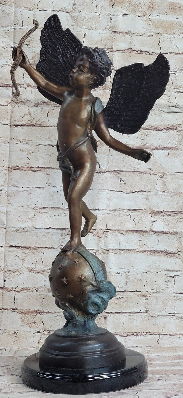 SIGNED VALENTINE DAY CUPID BRONZE SCULPTURE STATUE ON MARBLE BASE HOT CAST SALE