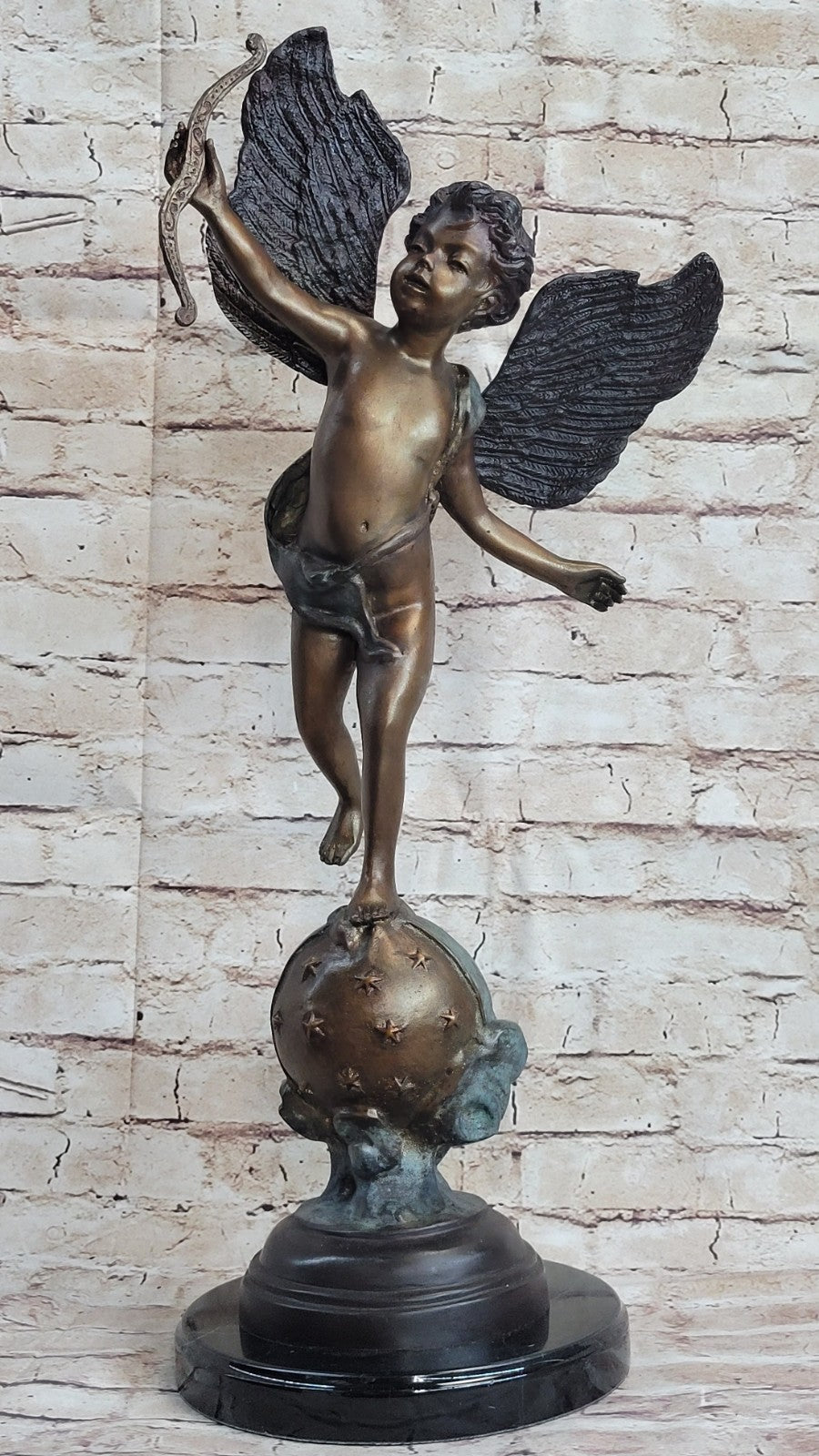 SIGNED VALENTINE DAY CUPID BRONZE SCULPTURE STATUE ON MARBLE BASE HOT CAST SALE