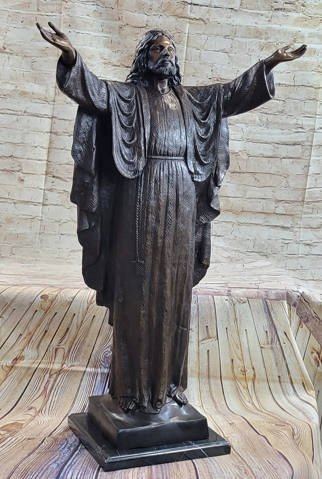 Large French Religious Bronze Statue Jesus With open Arms Lost Wax Method Statue