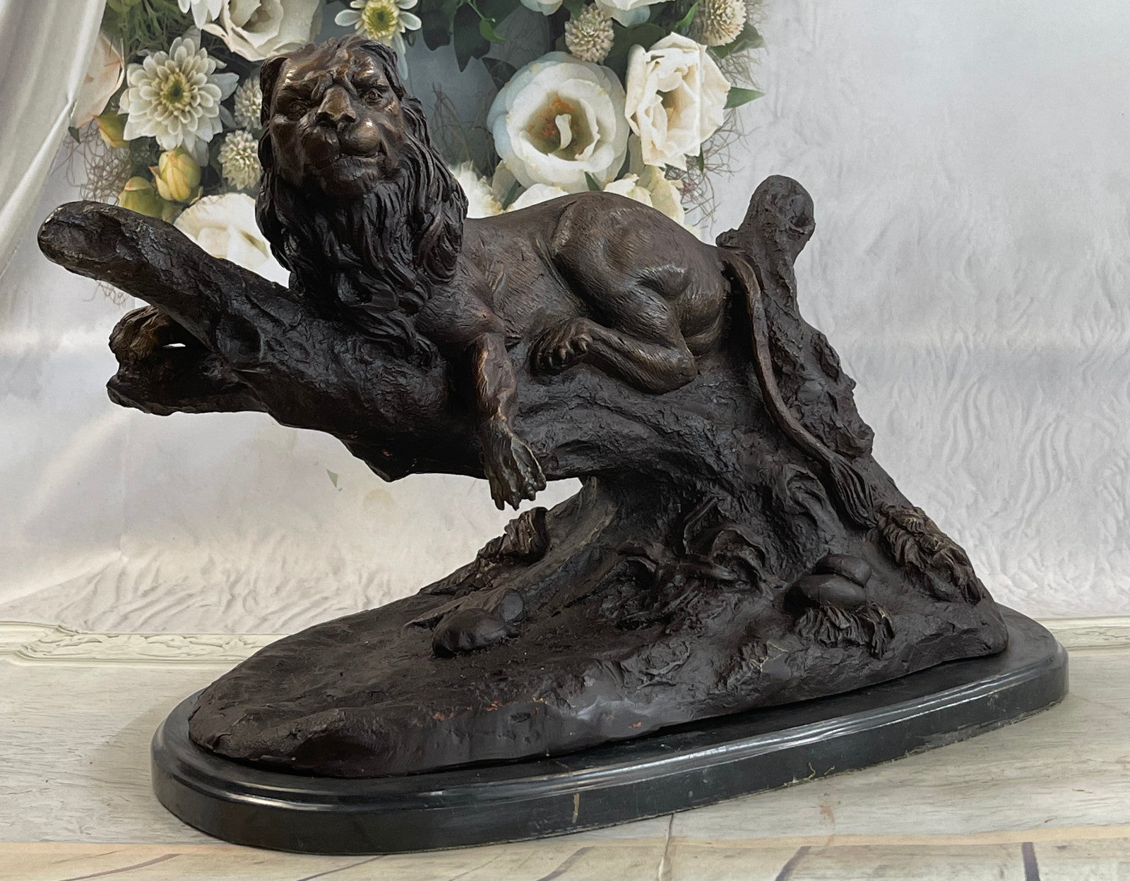 Art Deco African Lion Safari Bronze Sculpture Marble Base Statue Figurine Figure