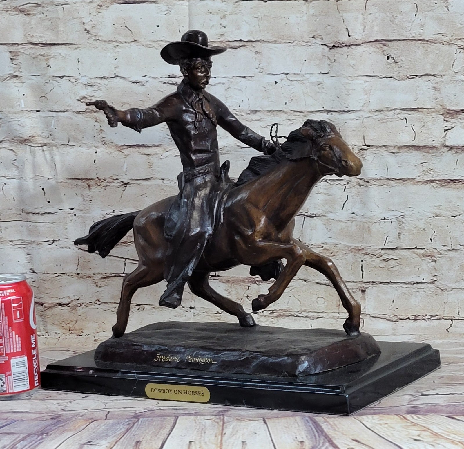 WESTERN COWBOY ON HORSE Handcrafted Decor Art Bronze Sculpture Statue Figurine T